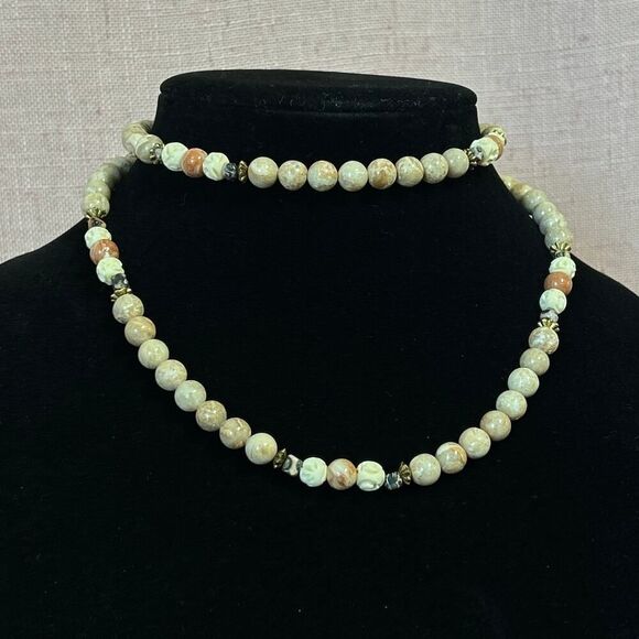 Picture Jasper, Bovine, and Sunstone Crystal 31 in Beaded Necklace w/ Brass - Picture 3 of 7